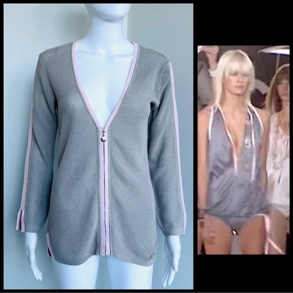 CHANEL Sweaters - Chanel Spring 2003 03P size 42 jacket grey pink cotton Sports Zip front Logo
